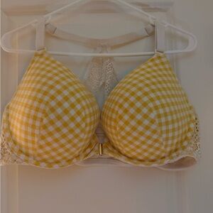 Cacique Yellow Gingham Lace-Trim Front-Close Bra